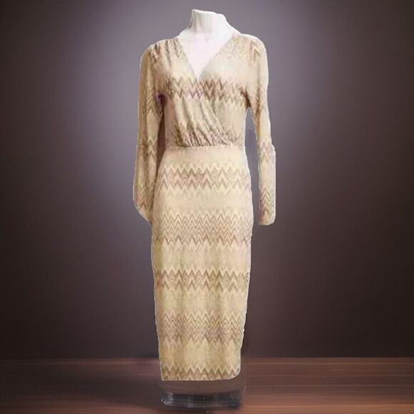 VTG Long Bodycon Womens M Ivory V-neck Sparkle Stripe Evening Gown Va Va Voom US - Picture 1 of 10